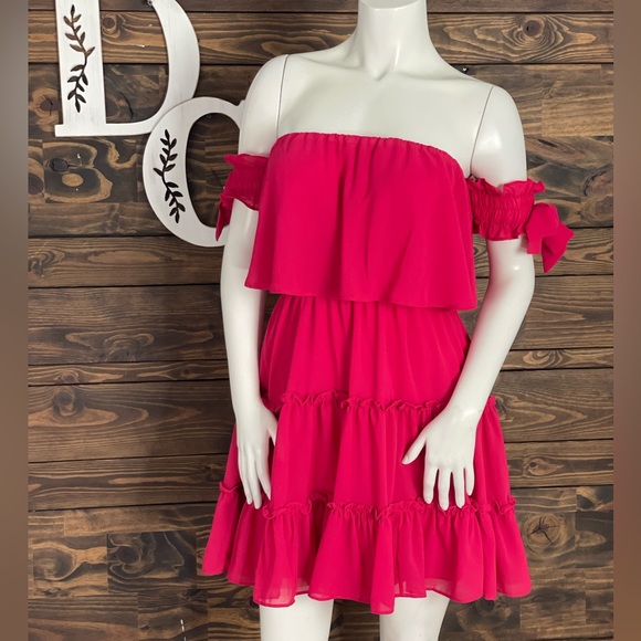 Lulus Dresses & Skirts - Lulus | Off Shoulder Tiered Ruffle Babydoll Mini Dress Hot‎ Pink Bow Tie Sleeves